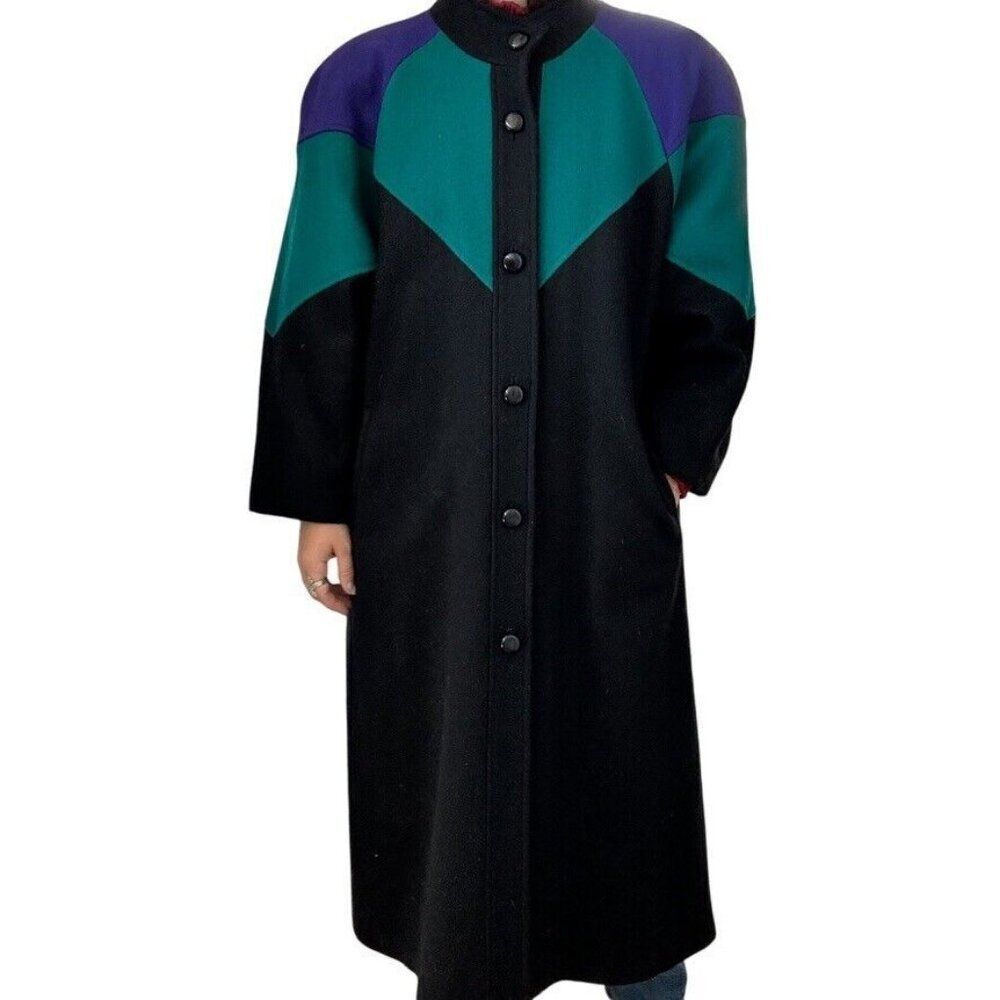 Vintage 1980s Komitor Clowncore Wool Color Block Geometric Oversized Trench Coat